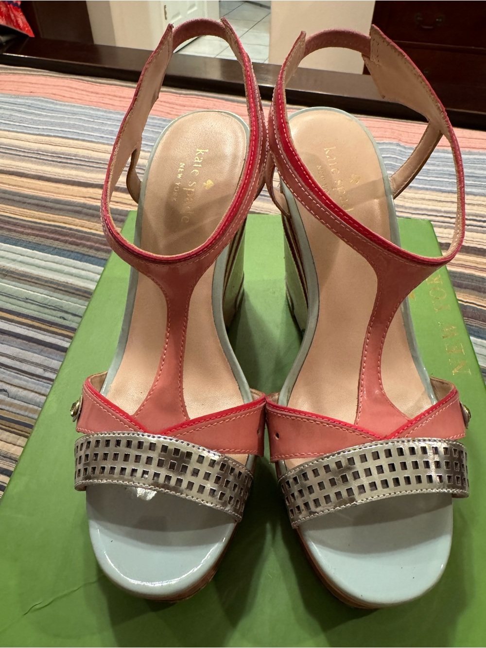 Kate Spade Deanna Petunia Patent Colorblock Wedge Sandals Size 8.5M